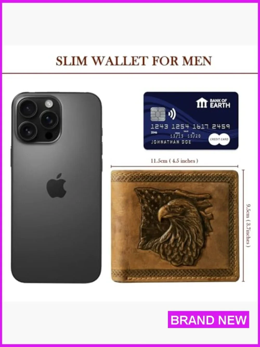 Men's Bifold Leather Wallet RFID Protection Vintage Tan Eagle Flag Design